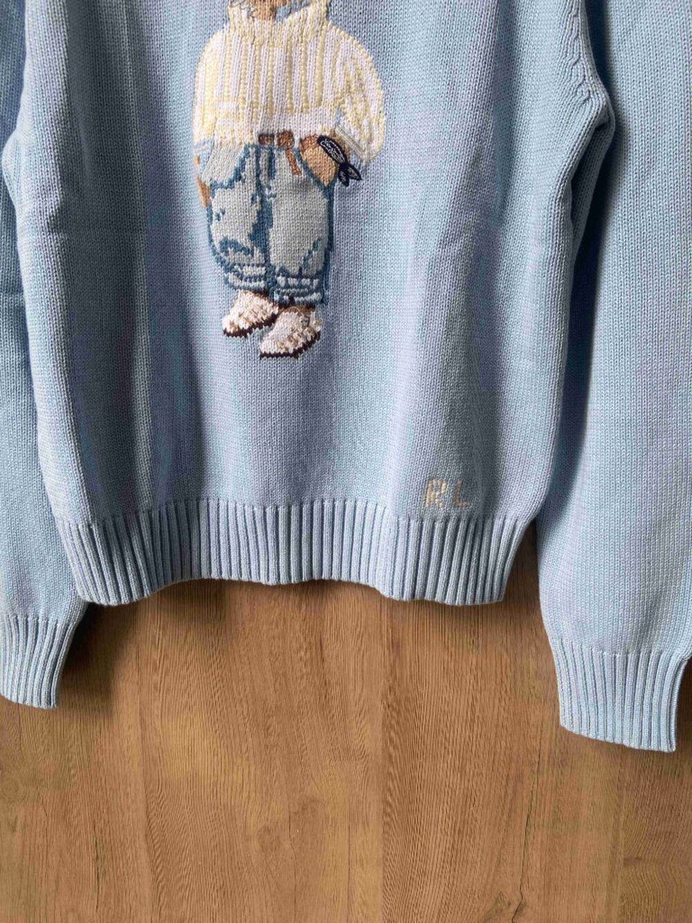 Polo Ralph Lauren Embroidered Bear Knit Jumper Light Blue Crewneck Sweater - Picture 6 of 8